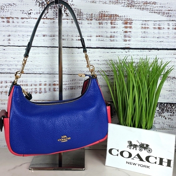 COACH #C6816 HAND BAG PENNIE PINK BLUE COLORBLOCK MINI PURSE EUC - Picture 1 of 16